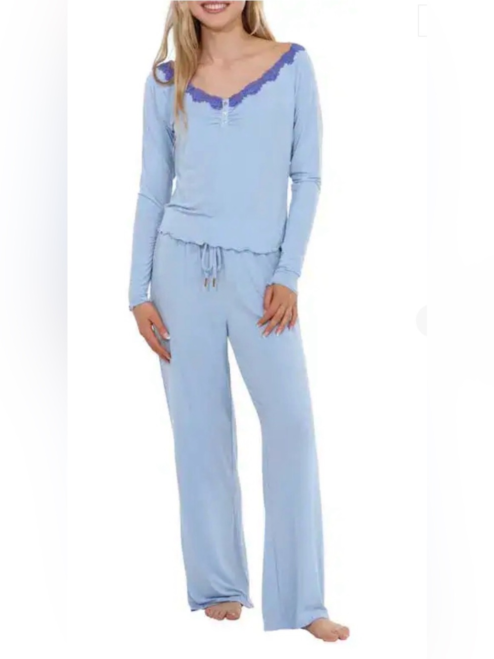 Honeydew Intimates Light Blue Pajama Set with Purple Lace Trim